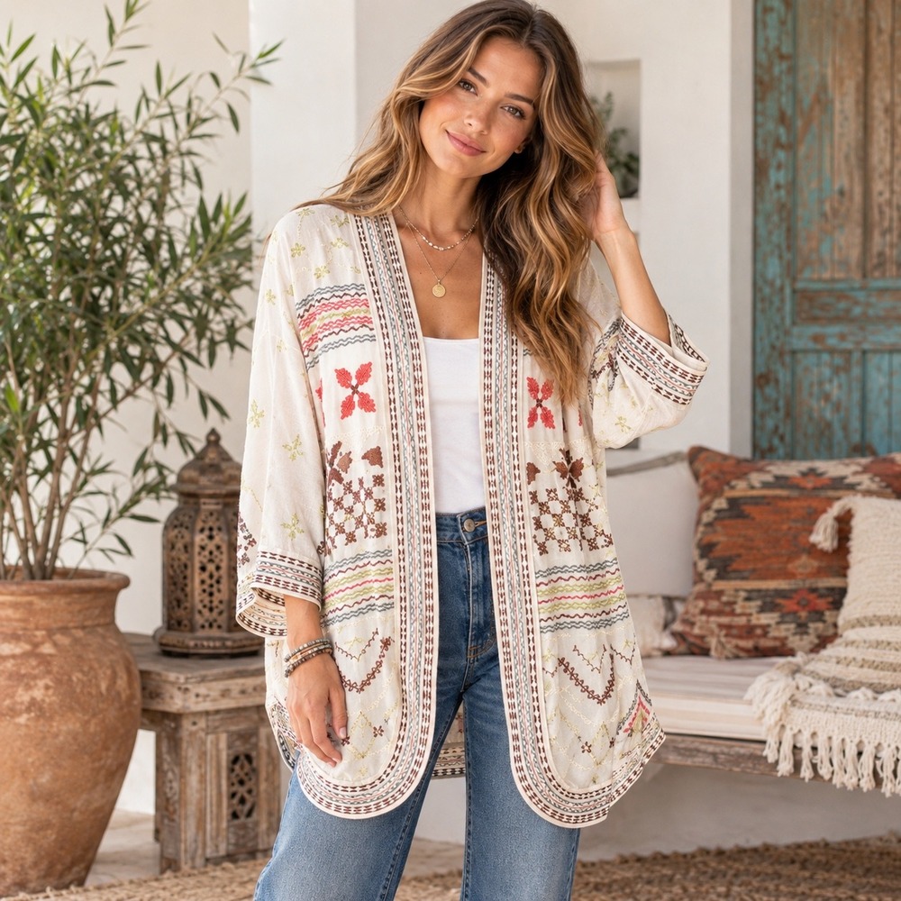 JW Los Angeles Embroidered Cardigan Womens Medium Boho‎ Folk Open Front Festival